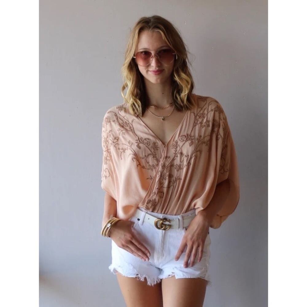 Free People Pretty in Peach Summer Lover Beaded Embroidery Wrap Bodysuit Small